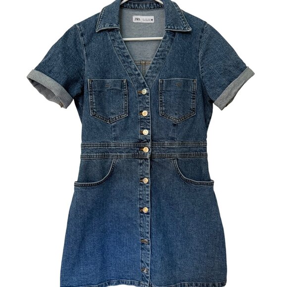Size LARGE Zara Blue Denim Short Sleeve Button Front Mini Dress - Picture 2 of 6